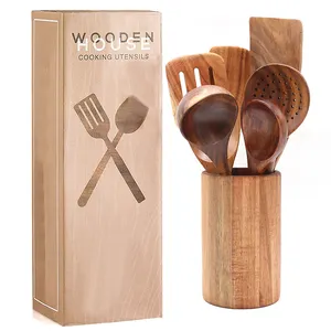 Conjunto de utensílios de cozinha, kit de 6 peças de utensílios de madeira orgânica natural, para cozinha, colher de chá, skimmer, espátula, colher, utensílios para suporte/