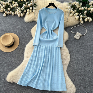 Traje de dos piezas para mujer, Vestido de punto de encaje de manga larga con cuentas, cintura con cinturón, suéter calado, Túnica, chándal de dos piezas - Product Image 6