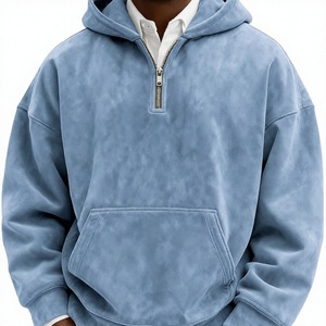 Sweat-shirt à capuche zippé quart de tour bleu clair premium en molleton texturé doux, coupe décontractée, style streetwear décontracté - Product Image 4