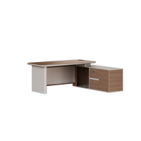 Bureau d'angle informatique moderne 2026 rose et bleu, design artistique, en forme de L, pour cadre dirigeant, haute technologie