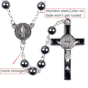 Rosary Hematite Rosary Natural Stone Beads St Benedict Medals Rosary Black Men Stainless Steel Catholic Rosaries