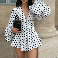 Robe Courte Femme à Pois Col V Profond Manches Longues Bouffantes Taille Haute Froncée Boutonnée Devant Fluide Élégante Vacances Rétro