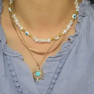 dainty brass alloy multi layer gold plated necklace turquoise stone sun pendant snake chain evil eyes bead necklaces 3 layered