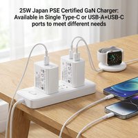 Chargeur mural USB-C 25W PD 3.0 GaN à charge rapide avec protection OVP et ignifuge pour téléphones aux spécifications japonaises, certification PSE