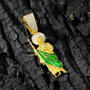 Conjunto de Cadena Miami Cuban Link y Colgante de San Judas con Diamantes CZ, Chapado en Oro, Estilo Hip Hop, Esmalte Verde, Religioso, de Moda - Product Image 5