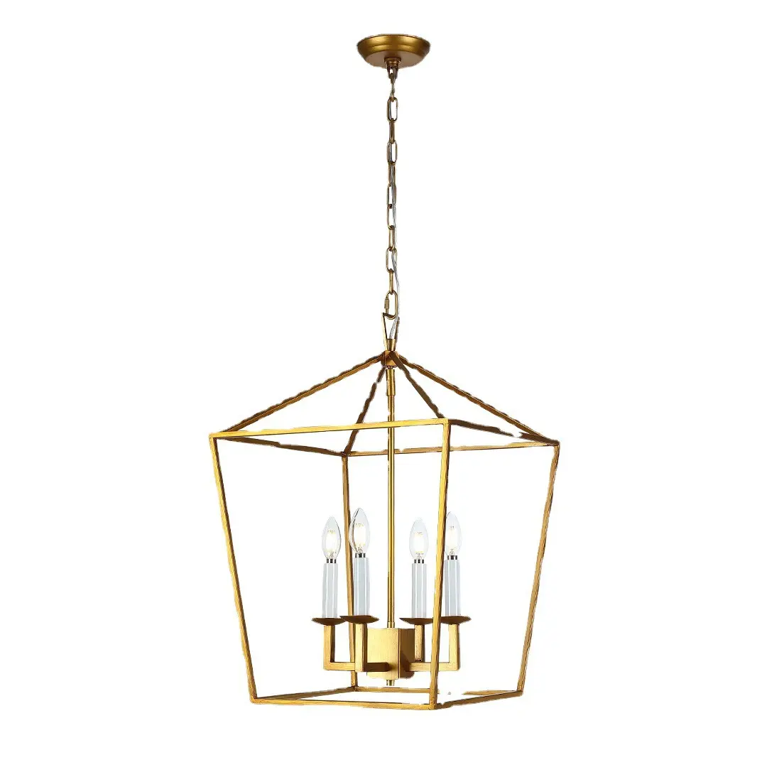 Gold Lantern Pendant 4-Light Geometric Pendant Light Fixtures in Brushed Brass Finish Modern Hanging Pendant Light