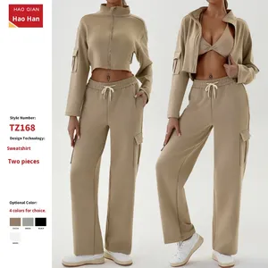 Ensemble de sport décontracté pour femme, <span class=keywords><strong>pantalon</strong></span> <span class=keywords><strong>cargo</strong></span> éco-responsable, vêtements de sport d'automne et d'hiver, ensemble de jogging ample avec fermeture éclair, tenue de yoga unie à l'avant - Product Image 5