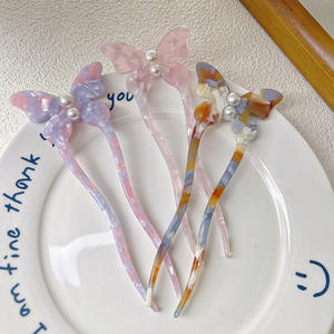 Qianjin新しいヘアアクセサリー2024春夏エレガントなカラフルなアセテートパールビーズバタフライヘアスティックフォークU字型ヘアピン - Product Image 4