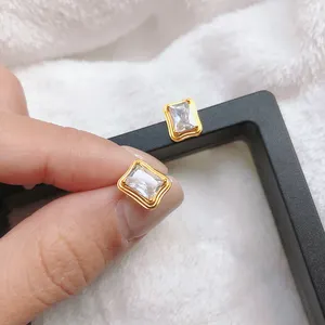 Anting-Anting Berlian Persegi Bertekstur, Anting-Anting Berlapis Emas 18K Minimalis Trendi, Perhiasan Perak Sterling 925