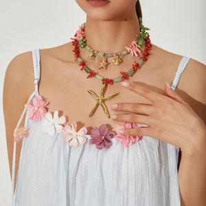 Summer Beach Wind, Coral colorido, piedra natural, estrella de mar de acero inoxidable, collar de cuentas con colgante de pez pequeño para joyería de mujer - Product Image 2