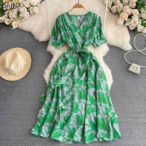 Nuevo Vestido Casual con Estampado Chic y Gran Dobladillo, Cuello en V, Manga Corta, Cintura Alta con Cordones para Mujer - Product Image 1