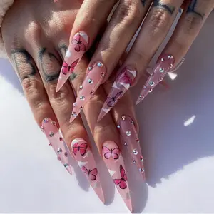 Parlak tam kapak çivi sopa pembe yanlış Nails kelebek Glitter Rhinestone tasarım uzun Stiletto tırnaklar üzerinde basın