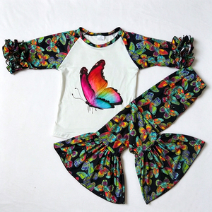 Ensemble de vêtements pour enfants en soie de lait, 2 pièces, haut à manches longues + pantalon évasé, vêtements imprimés et appliqués pour filles - Product Image 4