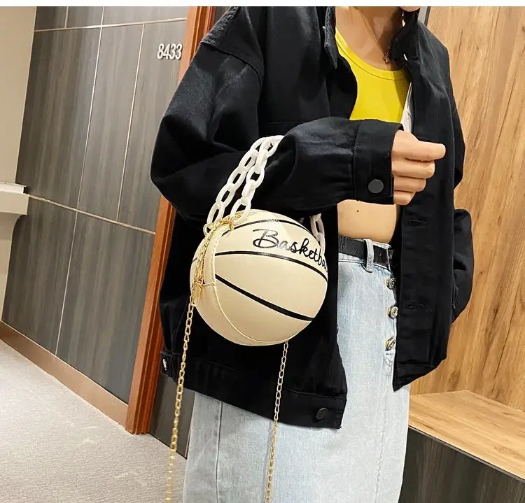 Mode Basketbal Ronde Schoudertassen Voor Vrouwen Acryl Ketting Casual Kleine Bakken Pu Lederen Messenger Crossbody Handtassen