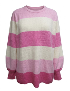 Pull en tricot épais à rayures roses pour femmes, mélange de viscose, col rond, manches longues, pull décontracté d'hiver - Product Image 2