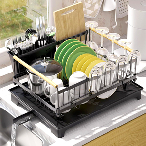 Organizador de utensilios de <span class=keywords><strong>cocina</strong></span> negro de tendencia Simple extraíble, bandeja para cubiertos, escurridores de platos, estante de secado de platos con bandeja de goteo - Product Image 1