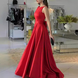 Claret Wedding Dress O-Neck Natural Waistline Polyester Simple Style For Performance Wear - Product Image 4