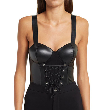 Custom high quality PU leather bodysuit for women black tank bodysuit sexy faux leather backless tops
