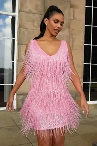 Großhandel sexy tiefe V ärmellose Bleistift rock Party kleider Frauen funkelnden Pailletten Strass Fransen Quaste Kleid