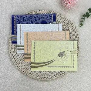 Cheap price custom stock classic paper gold stamp and flower embossing fold wedding invitation cover with envelope