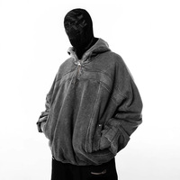 Vente en gros personnalisé Hommes Lavage à l'acide Visage intégral Sweat à capuche à demi-fermeture éclair quantité minimale de commande bas Vintage Épaule tombante Vierge Pull à capuche surdimensionné Oeil