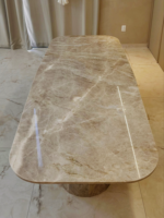 Table à manger en pierre naturelle de luxe personnalisée, style Taj Mahal, meubles en pierre cannelée ovale en quartzite pour plan de travail de cuisine