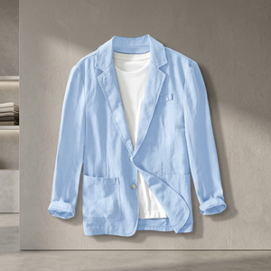 Blazer en coton et lin pour homme, couleur unie, décontracté, manches longues, double boutonnage, col en V, veste de costume tricotée respirante, vente en gros - Product Image 2