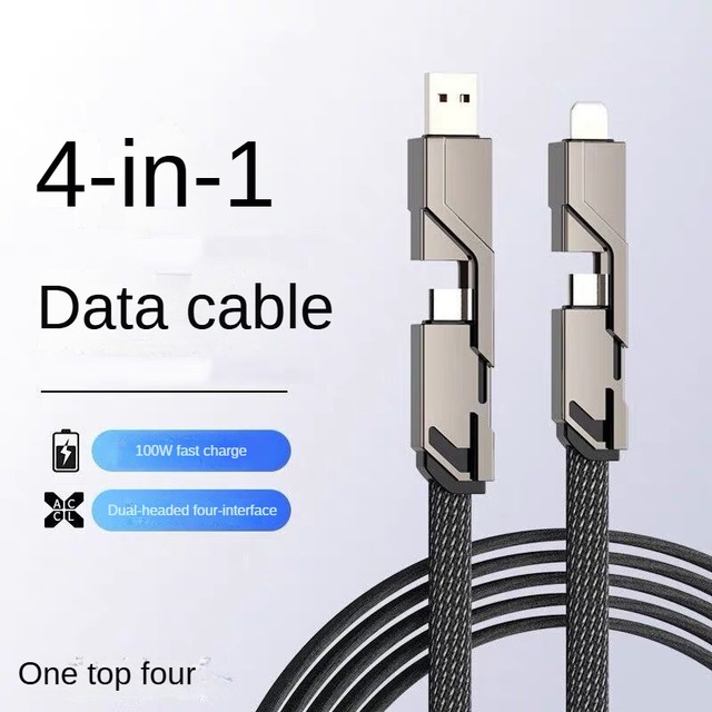 100W 4 in 1 Fast Charging Cable USB a to Type C L Braided 2-in-2 PD 100W Multi-Protocol Support for Phones/Tablets/Switch
