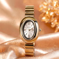 Montre-bracelet de luxe ovale dorée pour femme à quartz, bracelet en métal poli lisse, cadran simple à chiffres romains, pour le quotidien et les soirées