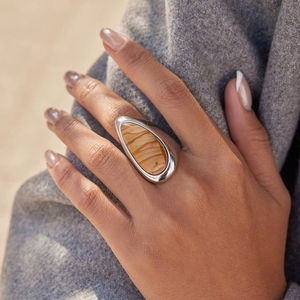 Verklaring: Grote ring van roestvrij staal met ovale traanvormige steen, trouwring van roestvrij staal, zilveren ring voor dames - Product Image 1