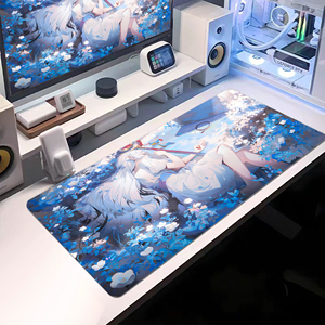 Grand tapis de bureau esthétique nature vert avec des filles elfes de la forêt, tapis de souris de jeu étendu style anime, tapis de clavier avec bords cousus - Product Image 2