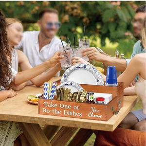 PicnicBBQ rectangulaire bois ustensile organisateur laque finition papier assiette tasse fourchette cuillère porte-serviettes pour les fêtes - Product Image 6