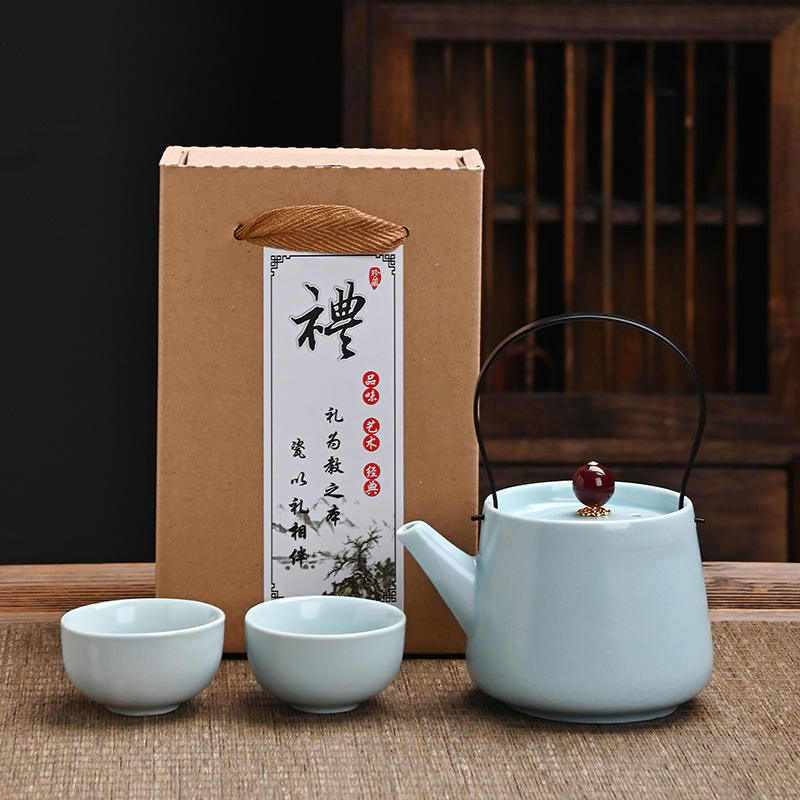Ru ware teapot with handle and two cups
