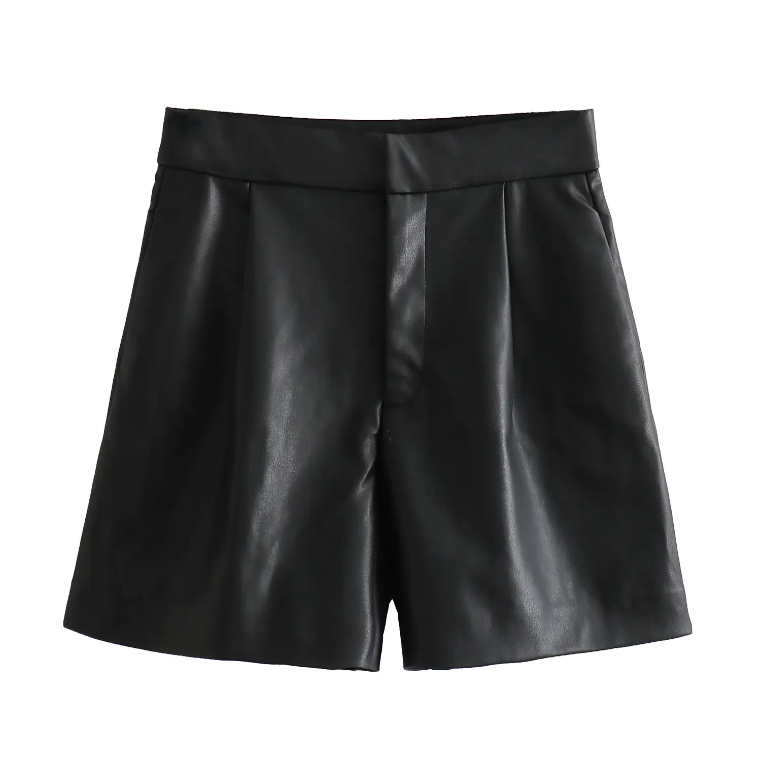 KAOPU ZA Women faux leather pleated bermuda shorts vintage high waist zipper fly female short pants mujer