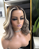 Pelucas de Cabello Humano con Frente de Encaje 13x4 para Mujer, Onduladas, Rubio Ceniza Balayage con Reflejos de Mechas y Línea de Cabello Natural