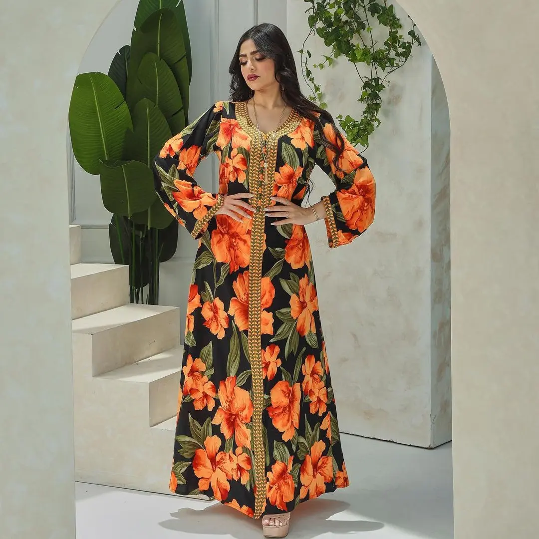 Zwart Bg Oranje Bloemen Geborduurd Moslim Hand Kralen Royal Plus Size Tie En Dye Arabische Jurk Liefde Sahara Kaftan Bridal jurk