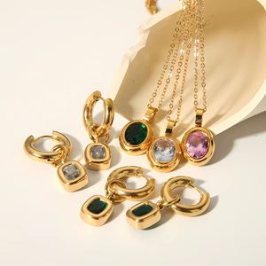 Parure Collier et Boucles d'Oreilles Ovales en Zircon Style Européen et Américain, Luxe Léger, en Acier Inoxydable Plaqué Or 18 carats, Pendentif Géométrique, Bijoux de Soirée - Product Image 2