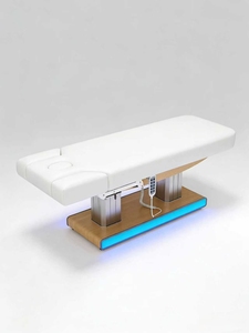 เตียงนวดไฟฟ้าสีขาว หุ้มหนัง PU ฐานสแตนเลส สำหรับร้านเสริมสวย - Product Image 1