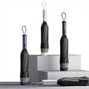 Parapluie inversé classique pour adulte, pliant en trois, 10 baleines, automatique, avec bande réfléchissante, revêtement noir, résistant au soleil, diamètre ouvert 120 cm - Product Image 2