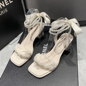 Nuovi <span class=keywords><strong>Sandali</strong></span> Romani da <span class=keywords><strong>Donna</strong></span> Estivi e Autunnali con <span class=keywords><strong>Tacco</strong></span> <span class=keywords><strong>Medio</strong></span> Spesso, Cinturino a T in PVC, Stile Fatato con Perle - Product Image 4