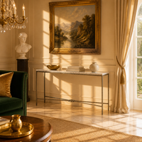 Table console en marbre à piètement fin en X, avec centre de table circulaire, pour mobilier de villa de luxe