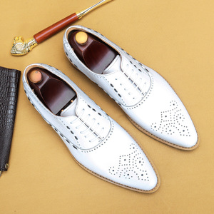 Chaussures Richelieu pour hommes en cuir véritable blanc, à bout pointu, à lacets, respirantes, pour le bureau, toutes saisons, semelle extérieure en caoutchouc - Product Image 1