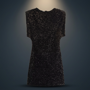 Vestido Mini Ajustado con Lentejuelas y Cuello Redondo, Manga Corta, para Fiesta, Color Negro Sólido, Tejido 100% Poliéster - Product Image 4