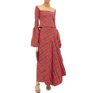 Fashion Bell-sleeve Plaid Twill Top Draped Tartan Twill Skirt Set Women Ladies Long Casual Maxi Dress Gown