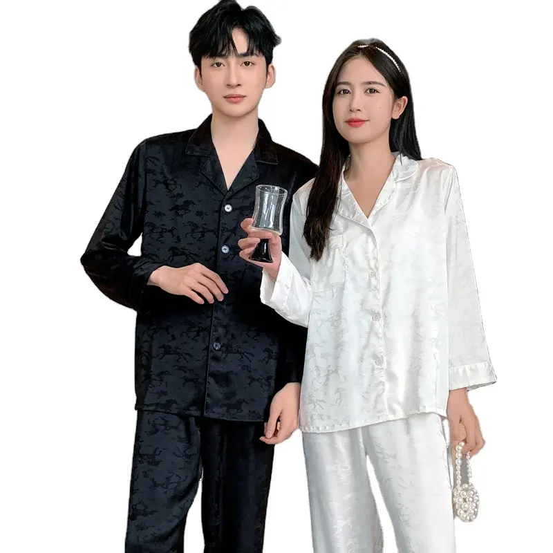 Hot Sale Long Sleeve Home Wear Silk Nightwear Couple Pajama Sets For Men And Women