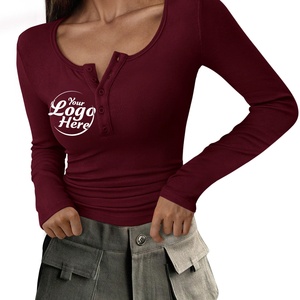 Camisetas Térmicas de Manga Larga de Algodón Puro para Mujer, Otoño 2025, Camisetas de Manga Larga con Botones, Tejido Acanalado, Corte Ajustado, Casual, Básico - Product Image 5