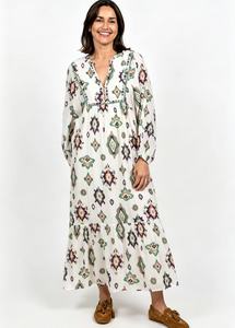 Vestido Maxi Holgado de Estilo Bohemio para Mujer, Estampado de Acuarela Verde, Cuello en V, Manga Larga, para Vacaciones de Verano - Product Image 2