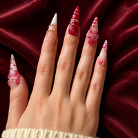 Grosir 10Pcs Kuku Palsu Stiletto Ekstra Panjang 3D Bunga French Gold Beads Wine Red Rhinestone Full Cover untuk Wanita