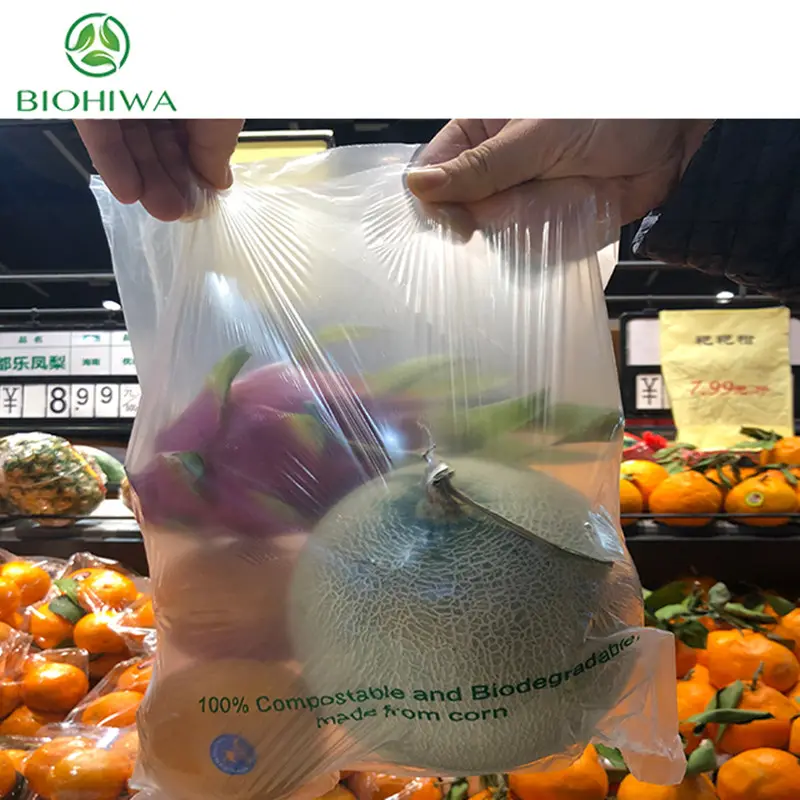 Bolsa de productos compostable de alta transparencia 100%, bolsas de súper mercado, bolsa de fruta biodegradable en rollo
