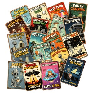 Ensemble de plaques murales métalliques vintage OVNI Alien, affiches rétro amusantes sur le thème de la science-fiction pour la décoration de bar, de man cave, de garage ou de maison - Product Image 1